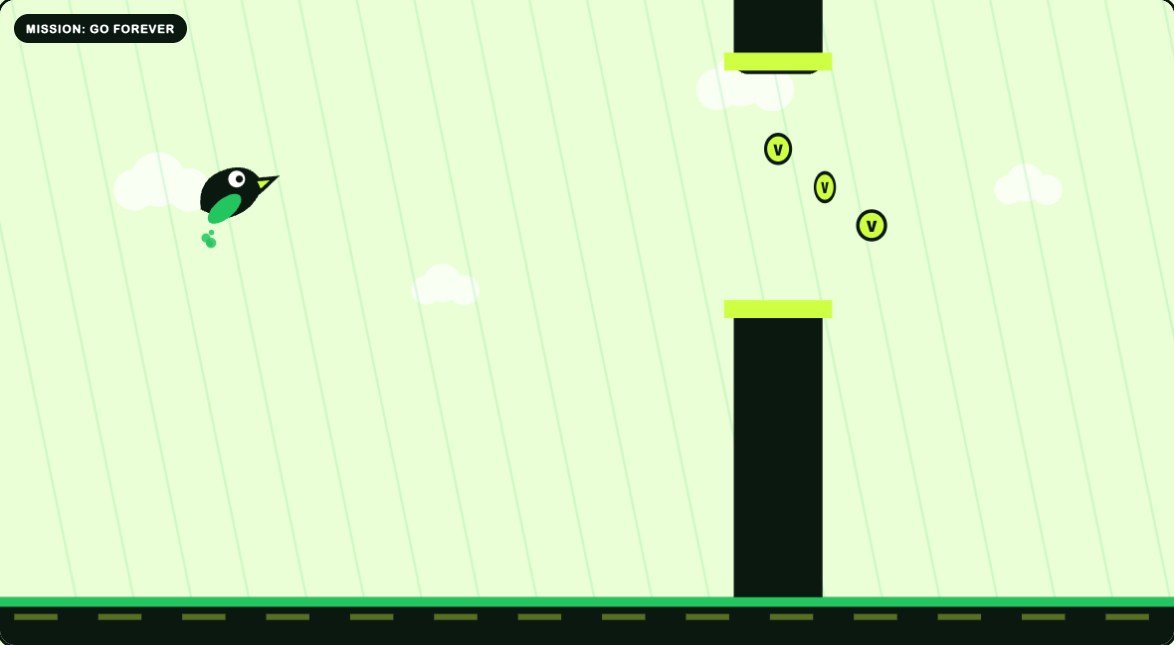 Verdant Dash: a little green bird flying between black gates and collecting coins